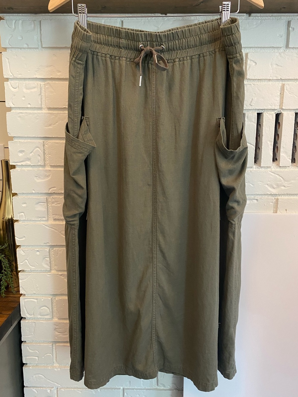 Denver Hayes Linen Blend XL Olive Green Utility Maxi Skirt Large Patch Pockets